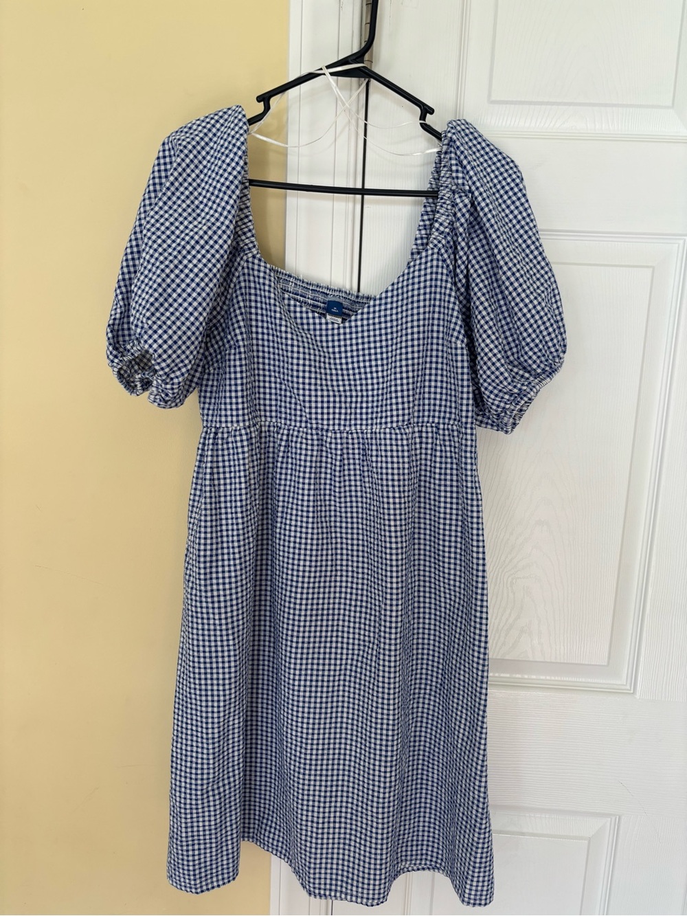 Blue Gingham Puff-Sleeve Midi Dress Old Navy